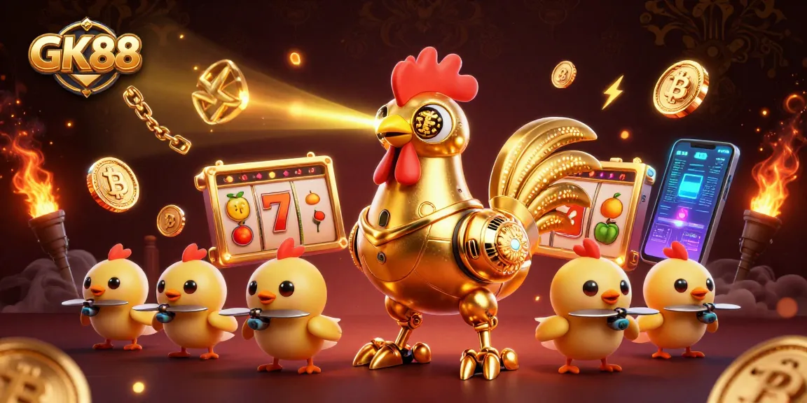Experience GK88’s thrilling online casino world with vibrant 3D imagery featuring slot games and crypto elements.