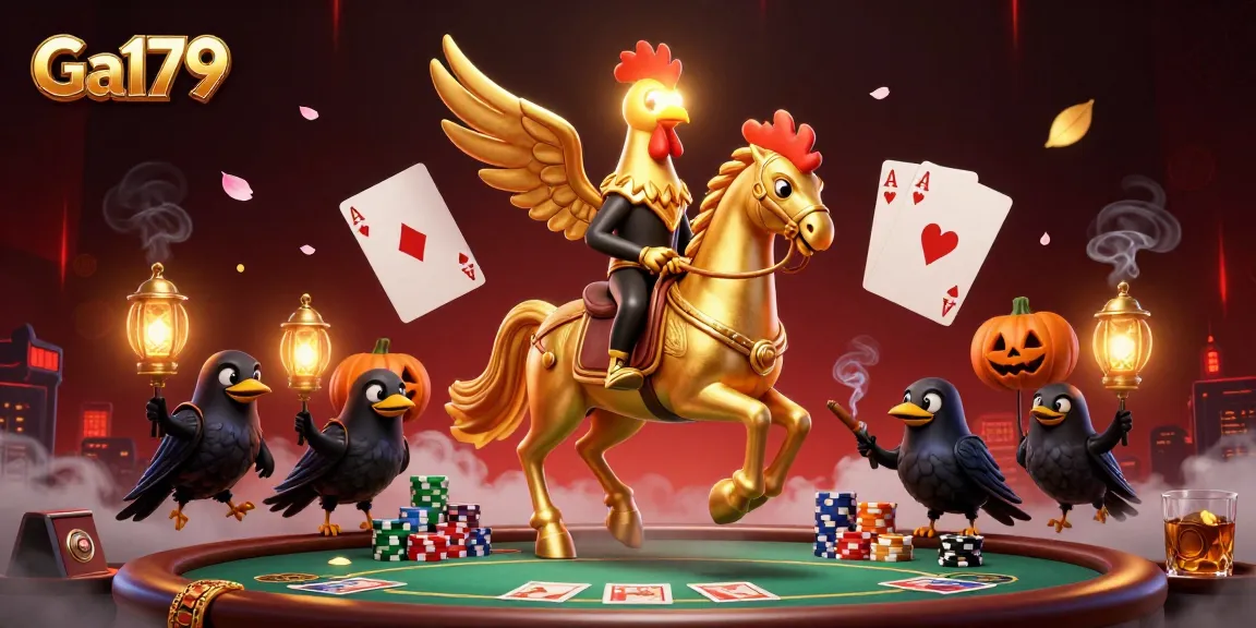 Engage in thrilling Ga179 action at a vibrant casino with a golden rooster and lantern crows.
