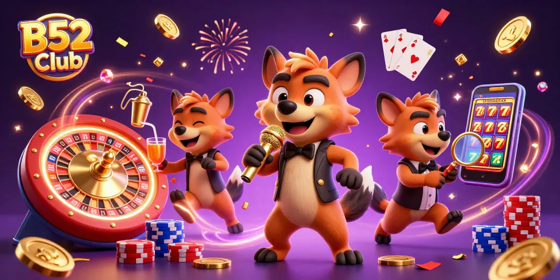 The B52 Club showcases a vibrant 3D illustration featuring hyenas in a casino setting, with a comedian, bartender, and bouncer.