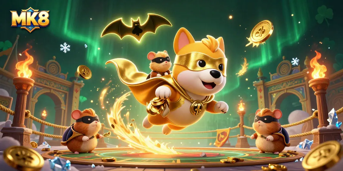 Experience thrilling adventures with MK8, featuring a superhero dog and hamster amidst a vibrant gambling atmosphere.