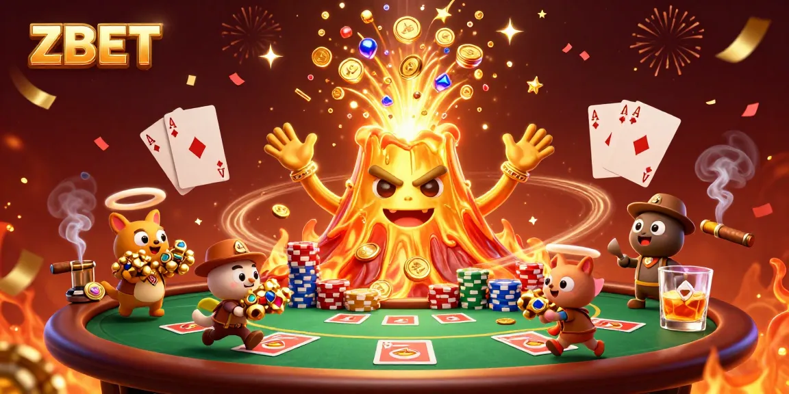 ZBET showcases a vibrant casino scene with a volcano erupting coins and treasure while tiny explorers flee with winnings.