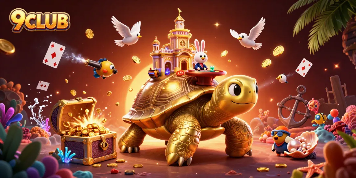 Experience the thrill of 9CLUB with golden tortoise casino action and vibrant game elements.