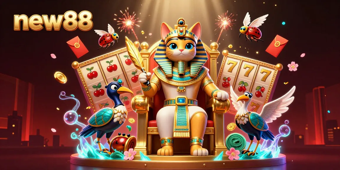Experience exciting gameplay with new88, featuring a pharaoh cat in a vibrant casino scene with slot reels and rich details.