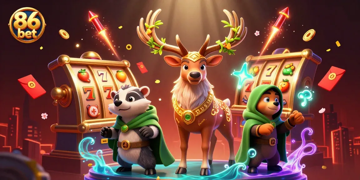 Experience the thrill of slots with 86 bet as the Celtic stag and wise badger illuminate a magical casino scene.