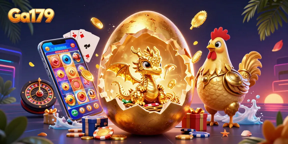 Engage in thrilling cockfighting action at Ga179, featuring a golden egg revealing a dragon amidst poker chips and casino games.