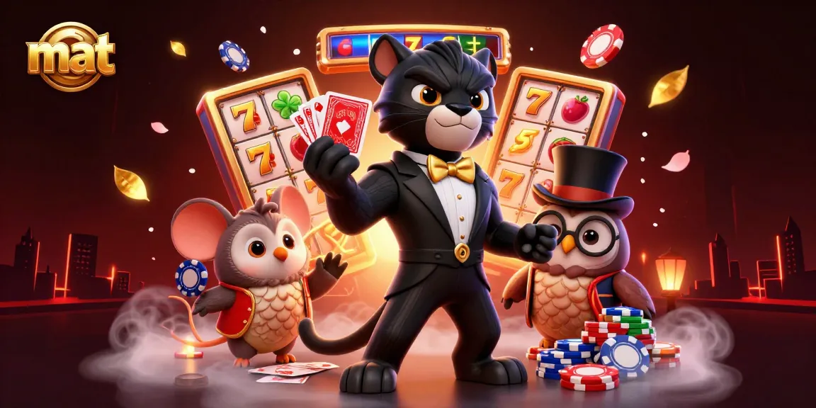 Engage with mat visuals featuring a 3D casino scene of characters playing at slot machines.