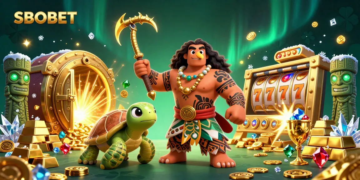 SBOBET offers a lively gambling scene with a Maui demigod, piles of treasures, and vibrant slot elements.