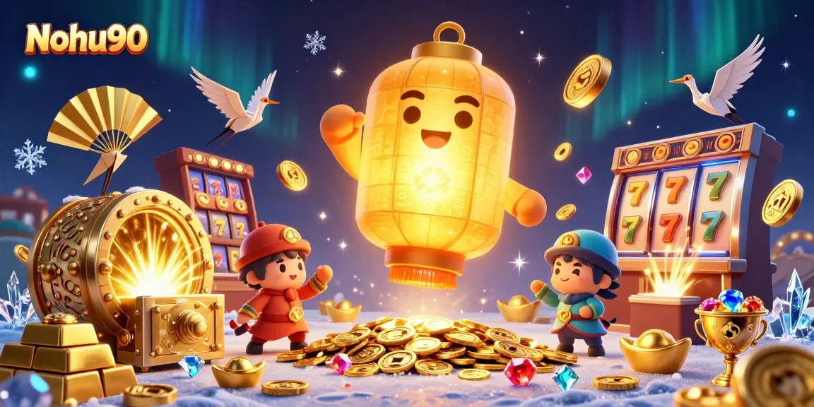 Nohu90 showcases a vibrant casino scene with a glowing golden lantern spirit and captivating slot elements.