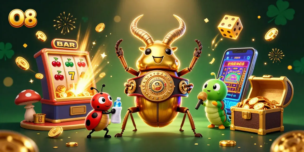Experience the excitement of O8's vibrant casino scene with a golden stag beetle and dynamic game elements.