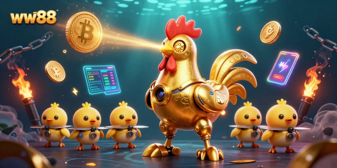 Join the thrilling adventure at ww88 with a golden rooster robot leading a crew of baby chick drones in an engaging casino scene.