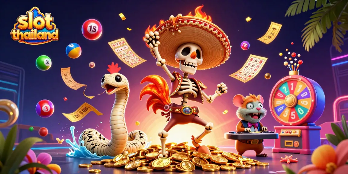 Experience thrilling gameplay at Slot Thailand with vibrant, dynamic cartoon elements showcasing jackpots and fun!