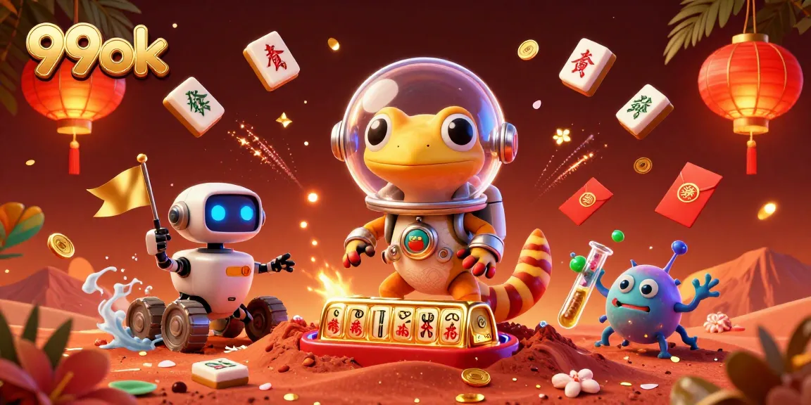 Celebrate wins at 99ok with a Martian gecko discovering a golden casino in a vibrant scene.