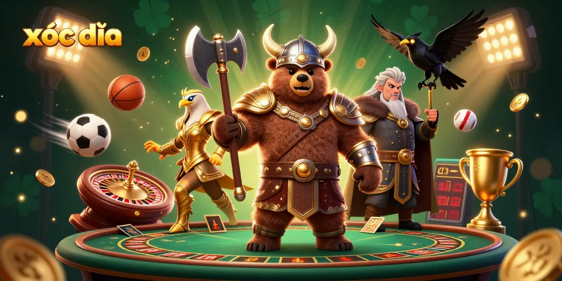 Xóc đĩa gaming scene with Viking berserker, Valkyrie eagle, and glowing elements for thrilling casino action