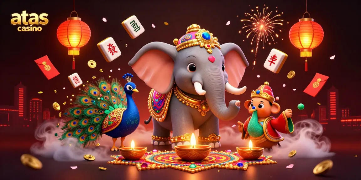 Engage with atas casino's thrilling ambiance featuring a colorful Diwali-themed elephant and golden mahjong tiles.