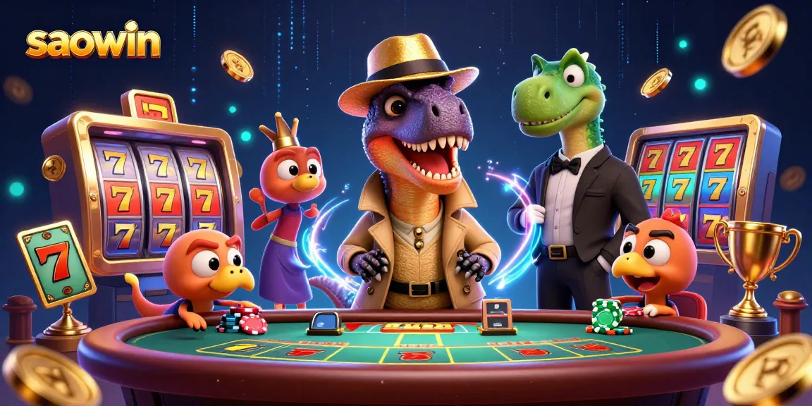 Experience exciting slots and jackpots at saowin with playful dinosaur characters in a vibrant casino.