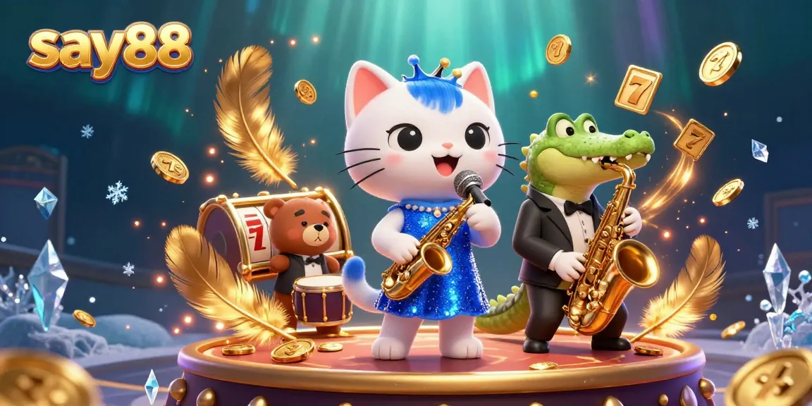 Experience excitement at Say88 as a jazz-singer cat, saxophone crocodile, and drum bear delight in a vibrant casino scene.