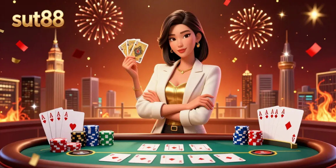 Sut88 showcases a glamorous Asian dealer at a poker table filled with colorful chips and cards.