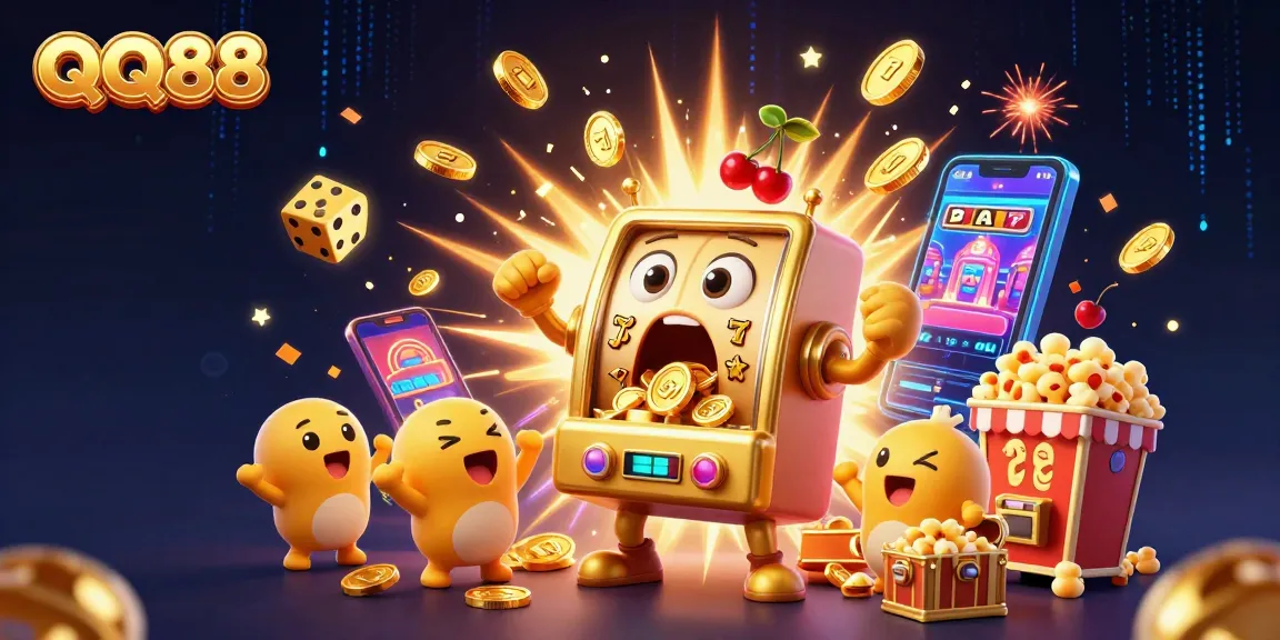 Celebrate your jackpot wins with QQ88, featuring cheerful slot machines and vibrant casino elements.