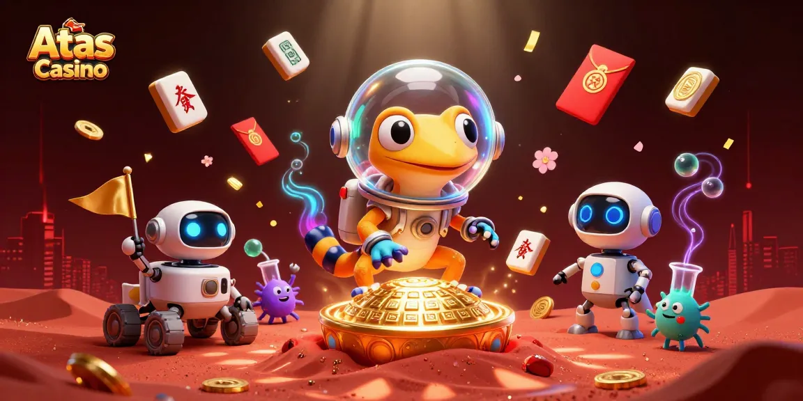 Atas Casino: A Martian gecko unveils a golden casino surrounded by exciting gaming symbols.