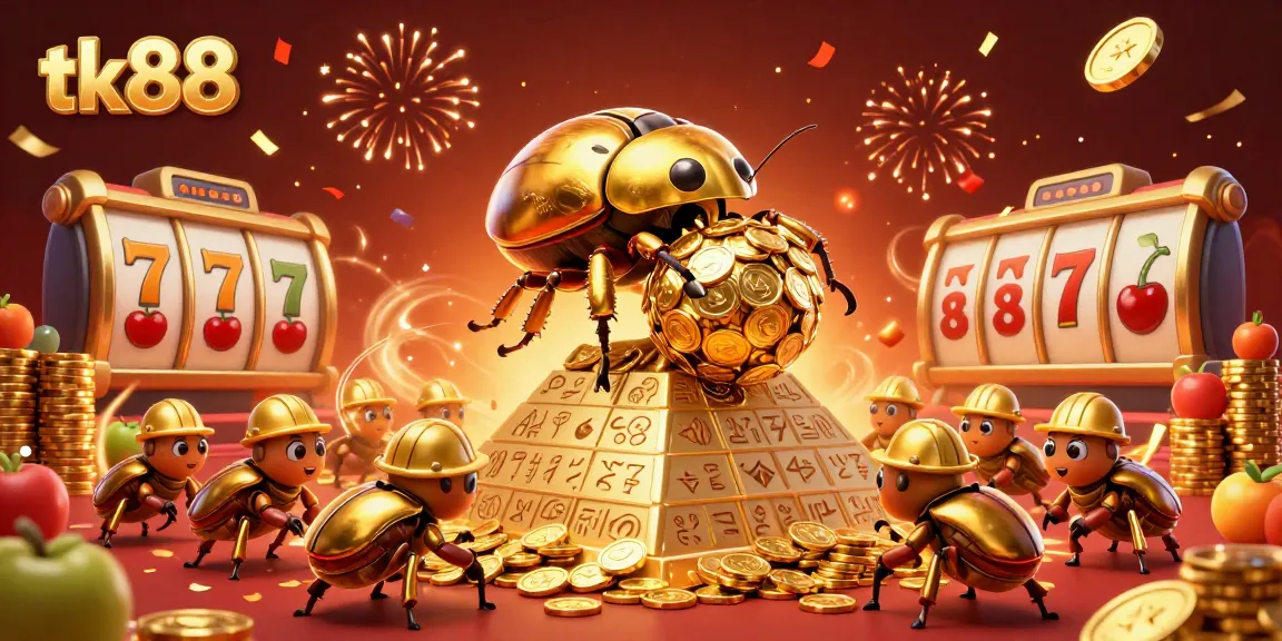 Play big wins at tk88 with golden beetles and jackpot slots in a vibrant casino scene.