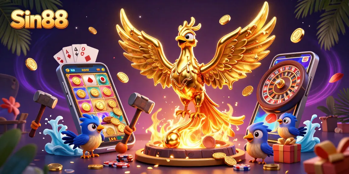 Experience thrilling gameplay at Sin88 with a stunning casino-themed 3D illustration showcasing vibrant elements.