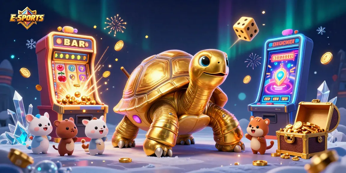 E-SPORTS excitement in a vibrant casino-themed 3D illustration featuring a giant golden tortoise and jubilant scenes.
