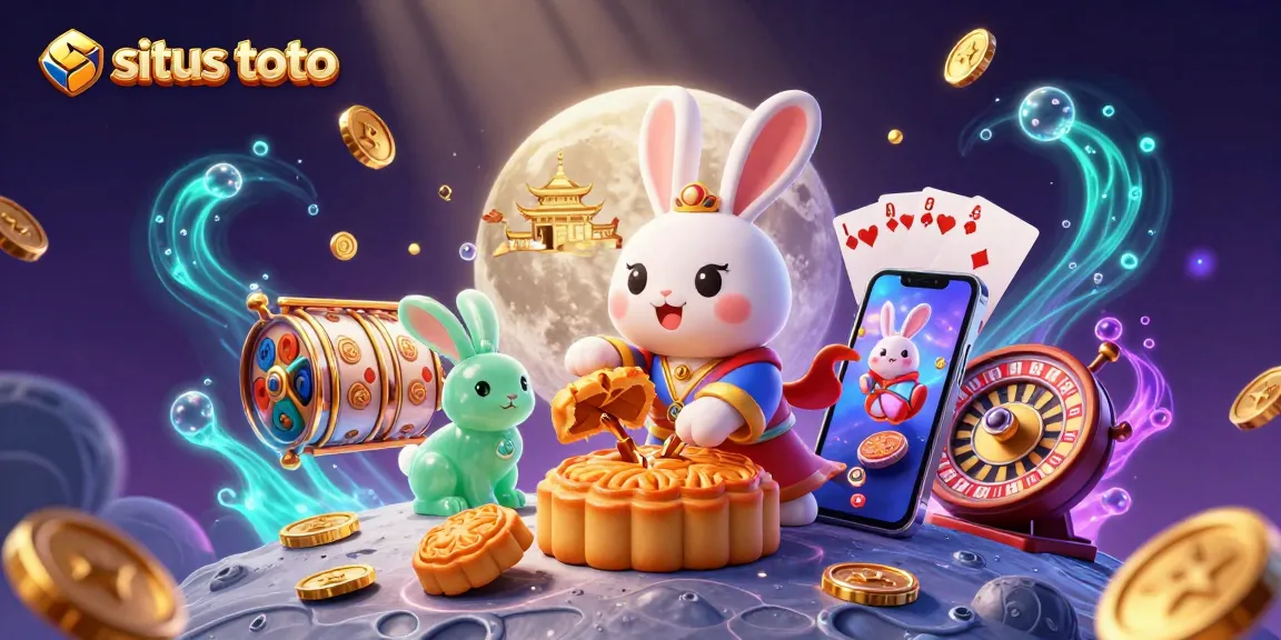 Engage with situs toto gaming as a moon rabbit reveals poker chips from mooncakes in a vibrant casino scene.