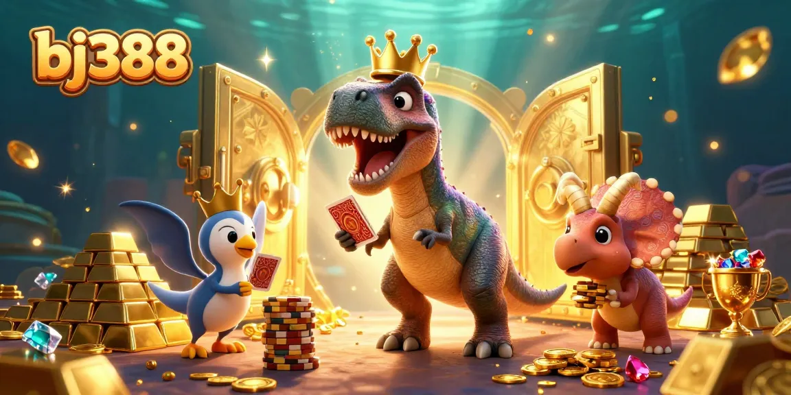 Join the action at bj388 with a T-Rex shuffling cards and a trio of characters in a dazzling casino scene.
