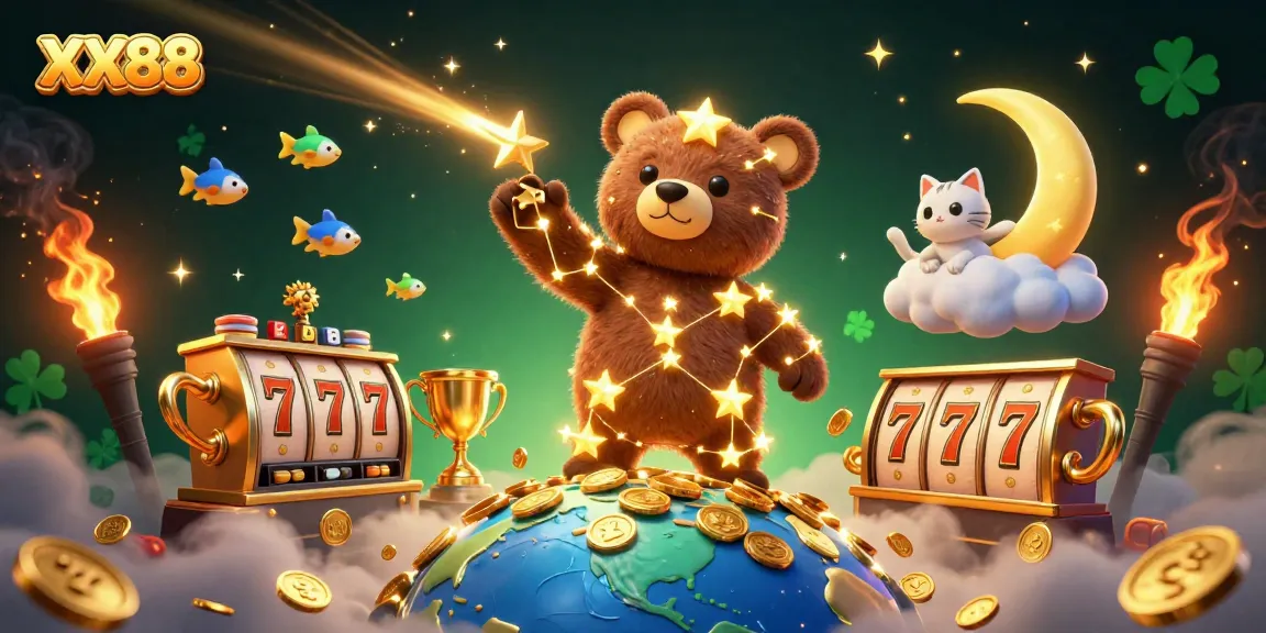 Experience exciting gaming moments at XX88 with golden star characters and vibrant casino elements.