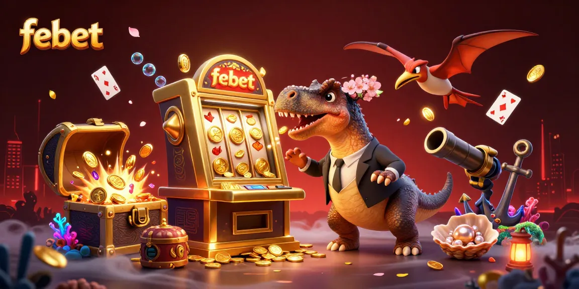 Febet's thrilling jackpot scene with a pachycephalosaurus and a golden slot machine, perfect for casino excitement.