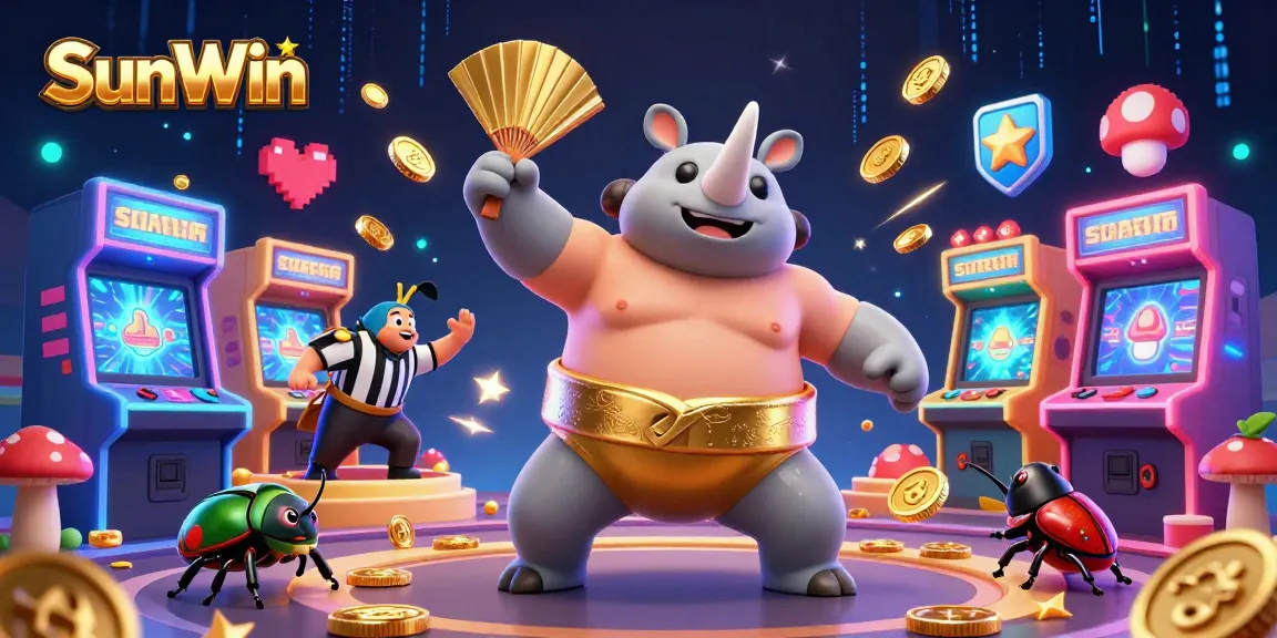 SunWin engages players with thrilling casino games as a beetle champion stomps coins, surrounded by vibrant visuals.