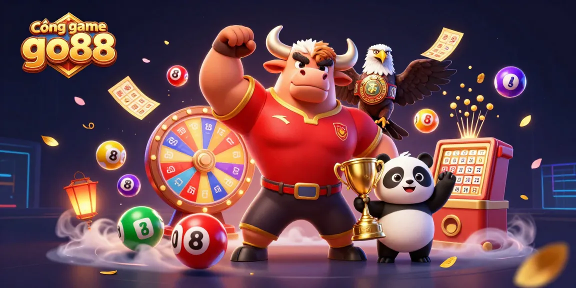 Cổng game go88 offers vibrant lottery fun with 3D characters celebrating wins amidst colorful gaming elements.