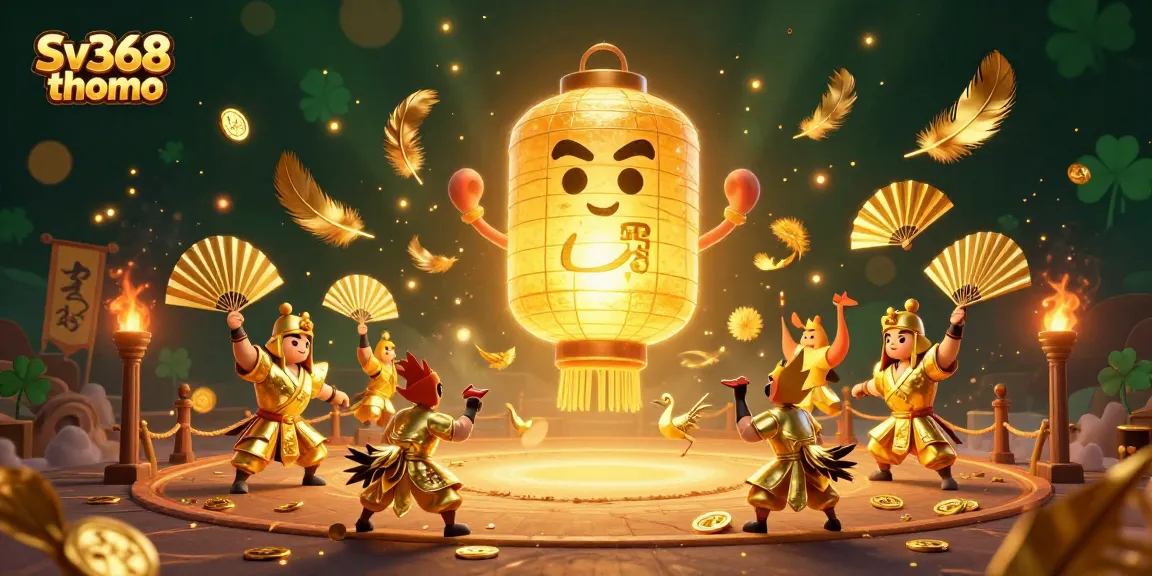Experience the thrill of Sv368 thomo cockfighting with a vibrant illustration showcasing dynamic gameplay and golden symbols.
