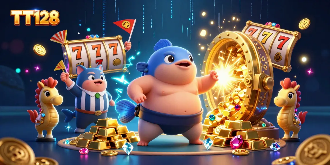 TT128 gaming scene featuring cartoon fugu, slot reels, and treasure vaults for ultimate casino fun.