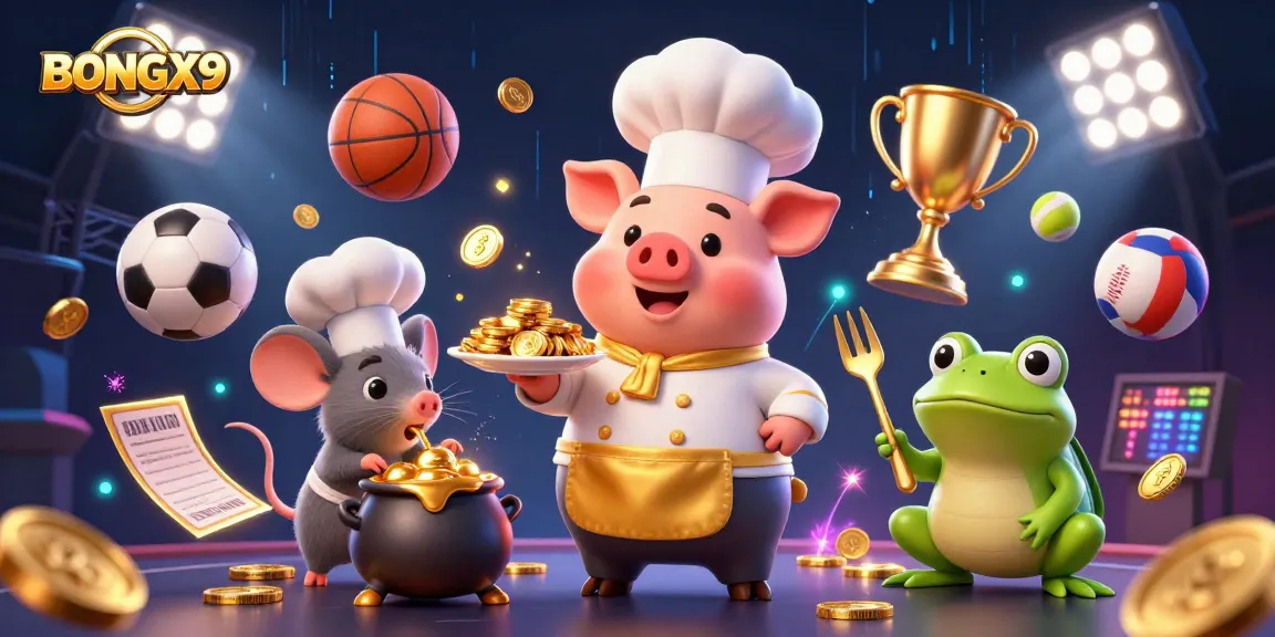 BONGX9 features a vibrant 3D scene of a chef pig serving gold coins, creating an engaging casino atmosphere.