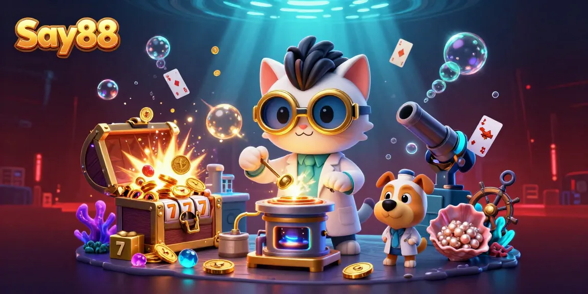Experience thrilling winnings at say88 with vibrant 3D visuals of a mad scientist cat and exciting gaming elements.