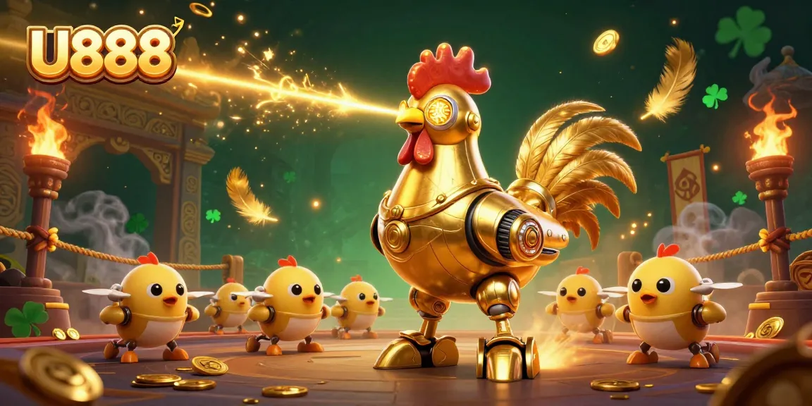 Engage in thrilling action with U888's vibrant 3D casino illustration featuring golden rooster and baby chick drones.