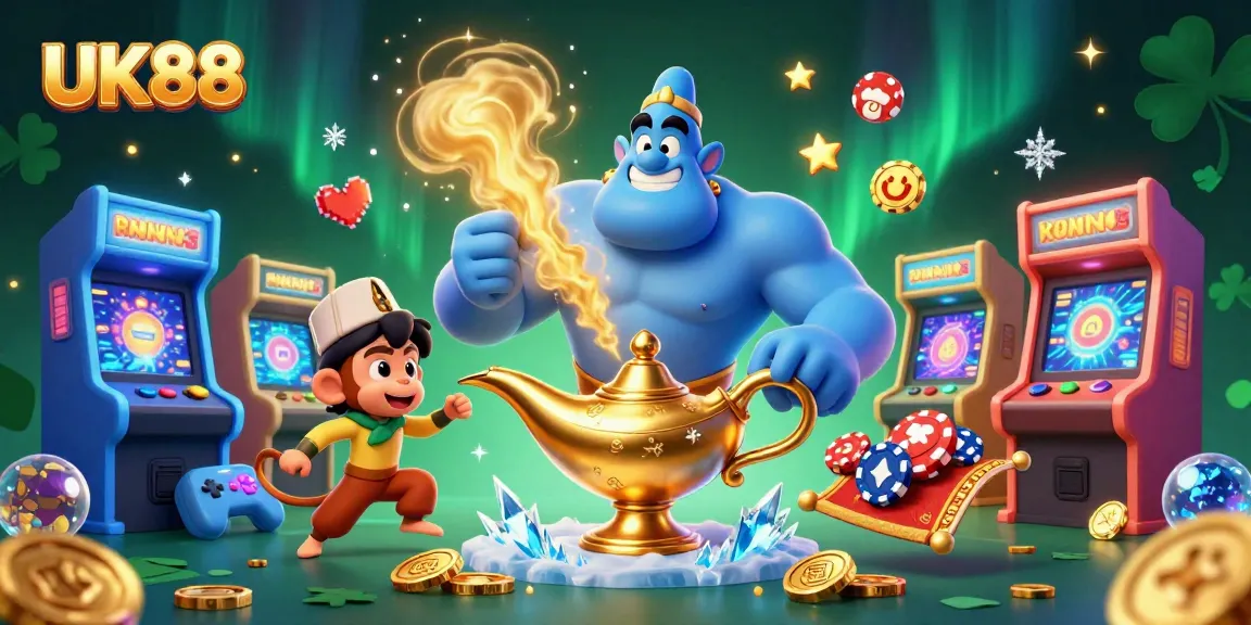 Experience thrilling gameplay at UK88 with a dynamic 3D casino scene featuring vibrant characters and games.