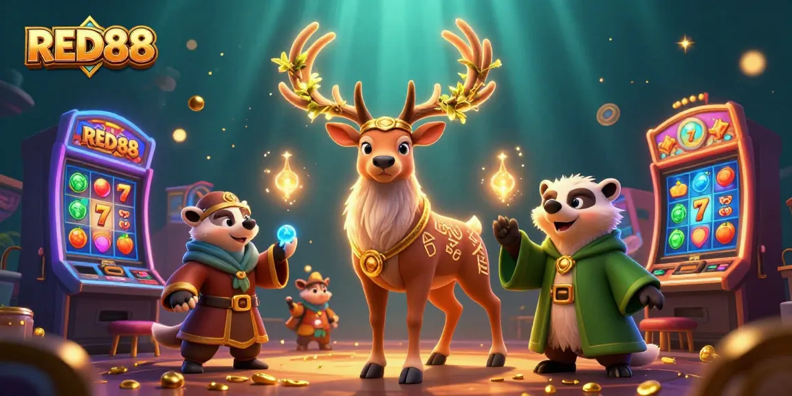 Engage with thrilling casino adventures featuring RED88's Celtic druid stag and mystical badger amid vibrant slot elements.