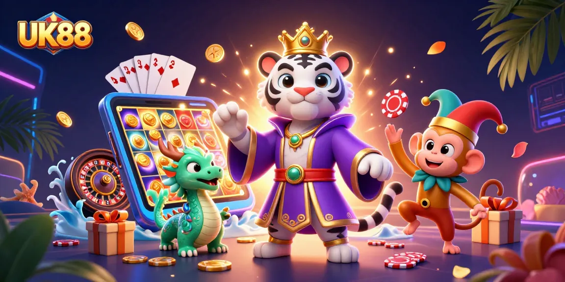 Experience UK88's thrilling gaming atmosphere with a cartoon tiger, monkey, and dragon showcasing vibrant casino elements.