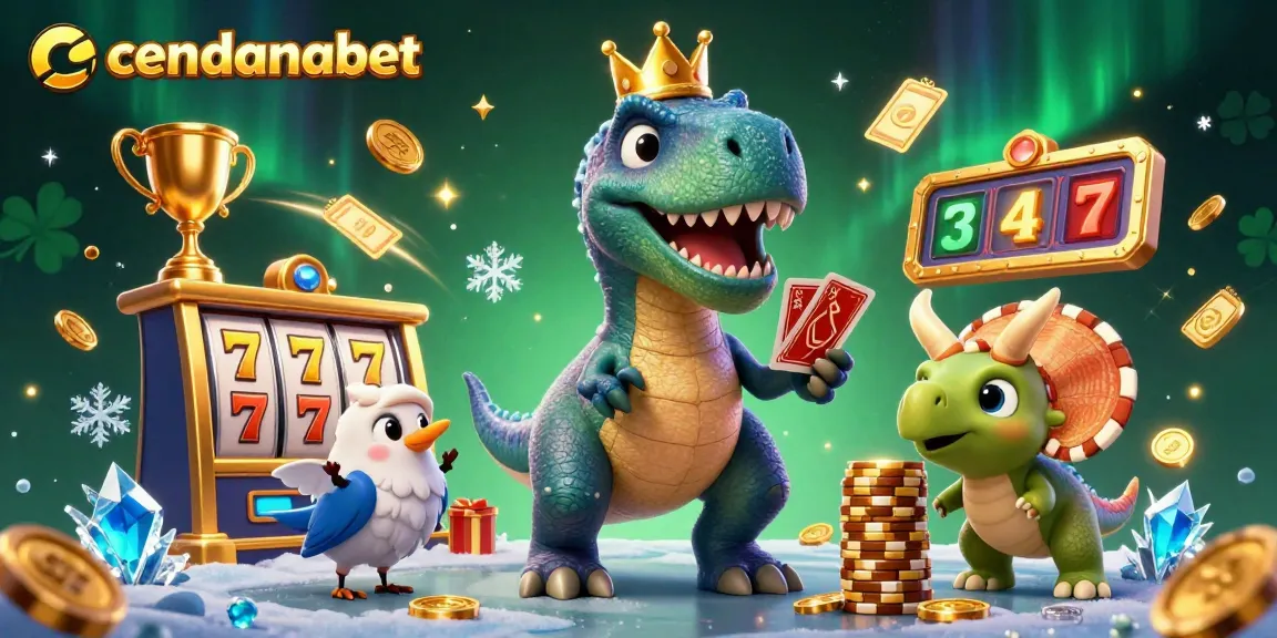 Cendanabet brings together a playful T-Rex and dino pals enjoying slots and jackpot thrills in a vibrant casino setting.