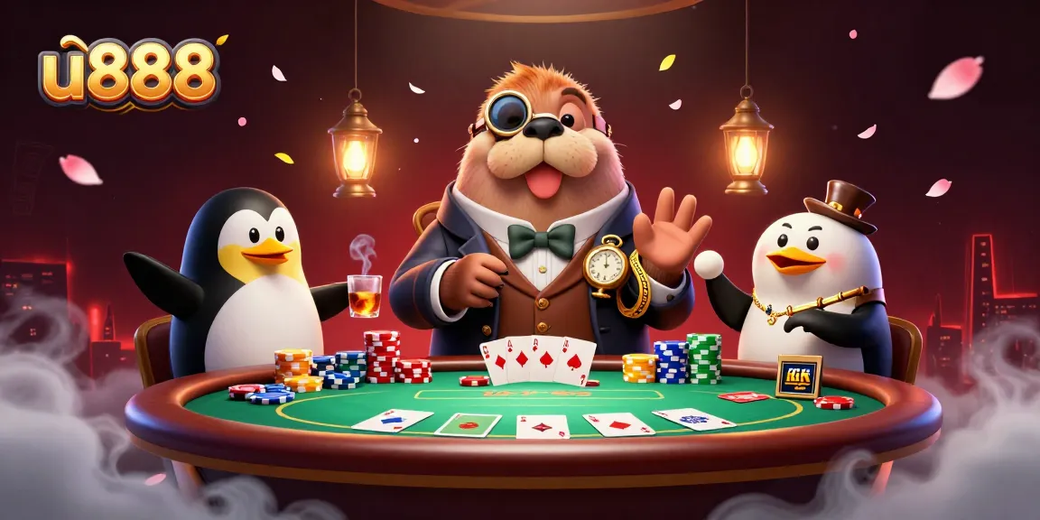 u888 players enjoy an intense underwater poker game with a walrus and a penguin dealer.