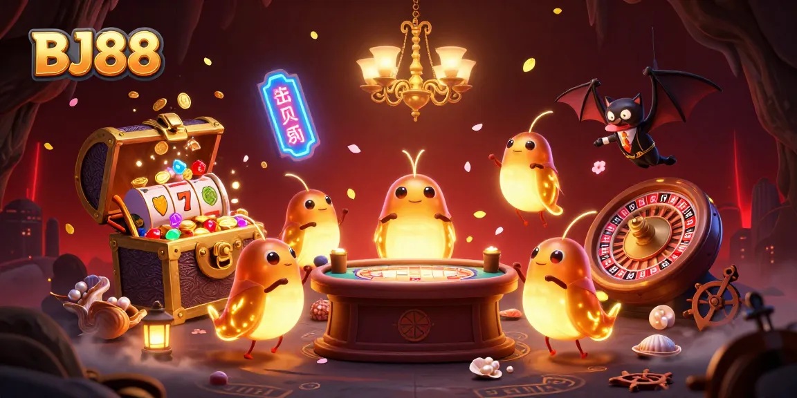 Experience thrilling wins at BJ88 with a lively casino scene featuring glowing characters and slot elements.