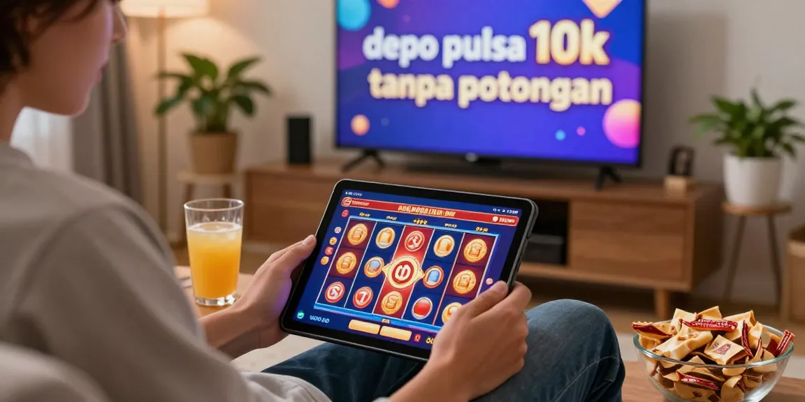 Engaging home gaming scene showing a player enjoying depo pulsa 10k tanpa potongan slots with snacks and drinks.