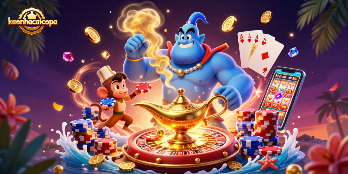 Engage in keonhacaicopa's thrilling casino experience with a vibrant 3D illustration of a blue genie and poker elements.