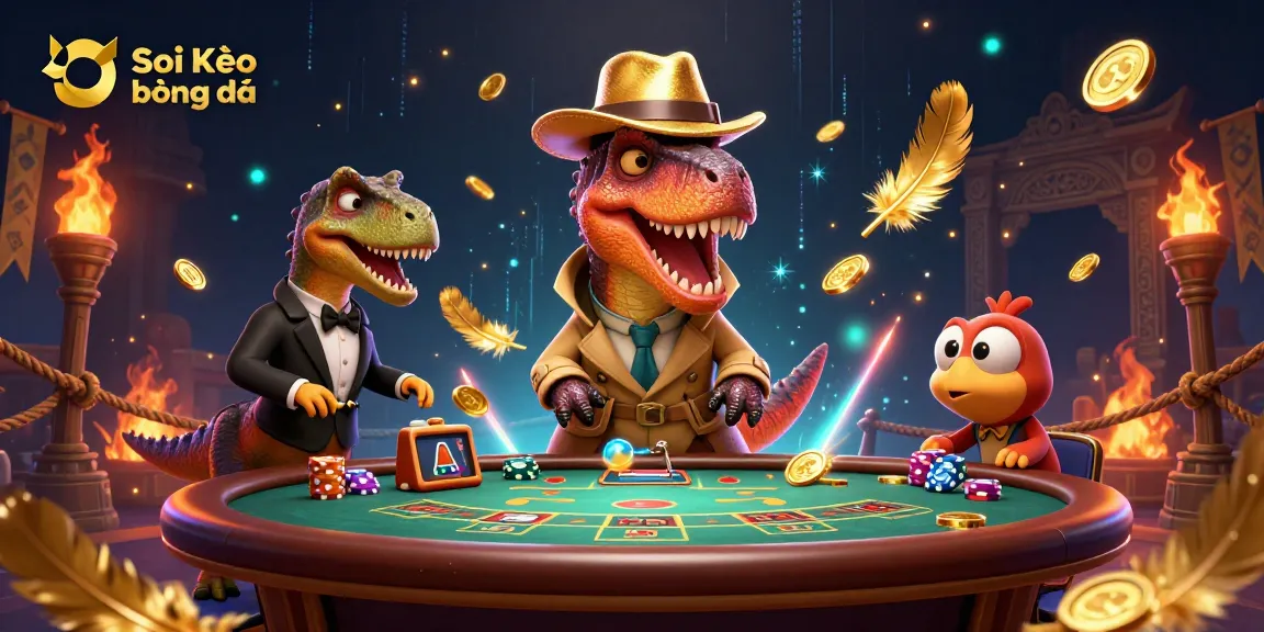 Soi Kèo bóng đá - Cartoon velociraptor card counter at a blackjack table, stealing the show in a vibrant digital casino.