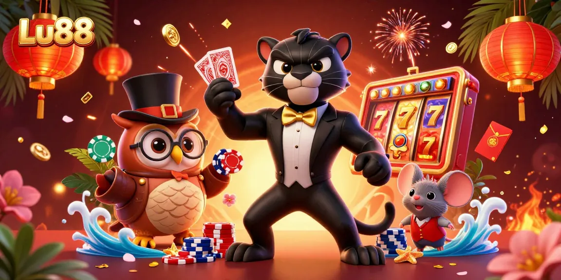 Engage with Lu88's vibrant casino experience featuring a stylish panther and lucky characters.