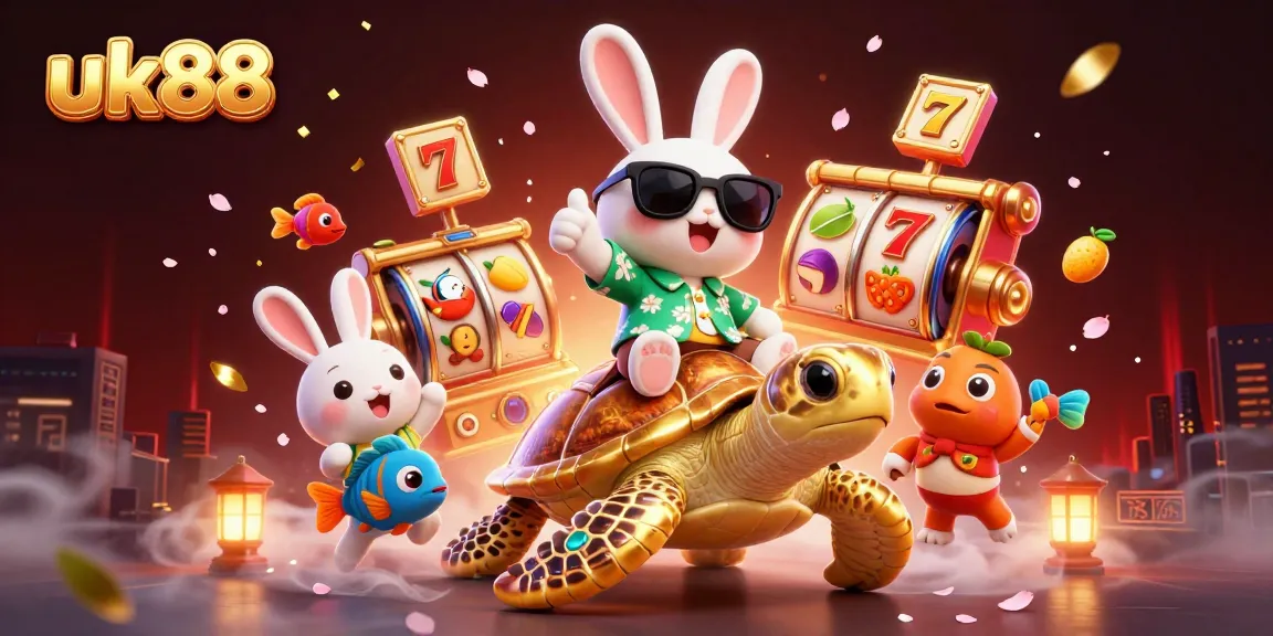 Experience exciting uk88 gaming with a lucky rabbit and golden sea turtle in a vibrant casino scene.