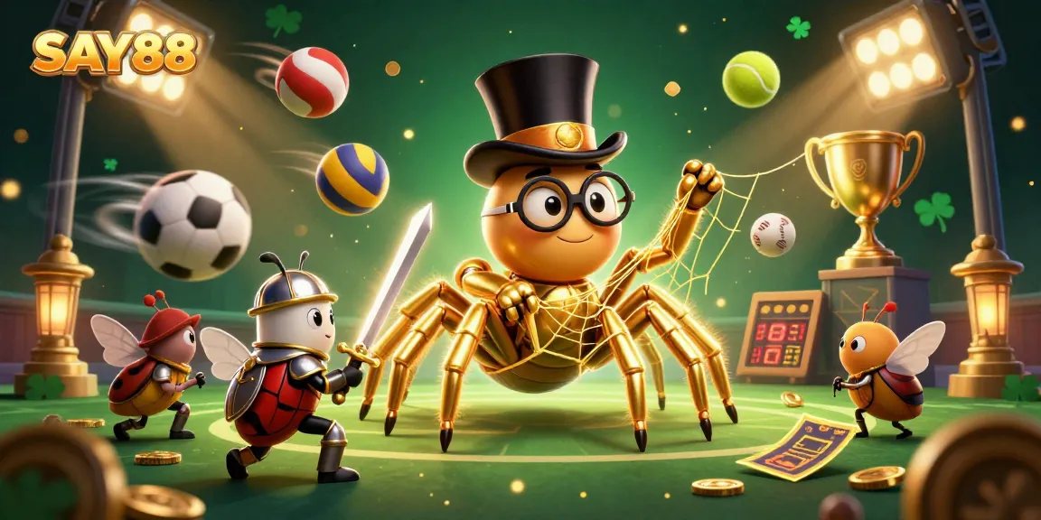 SAY88 showcases a dynamic 3D casino scene with golden characters and sports elements, promoting engaging betting experiences.