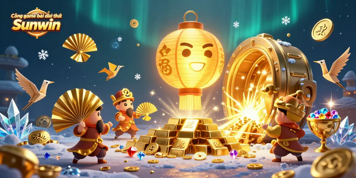 Cổng game bài đổi thưởng Sunwin showcases a vibrant casino scene with golden characters and treasure elements.